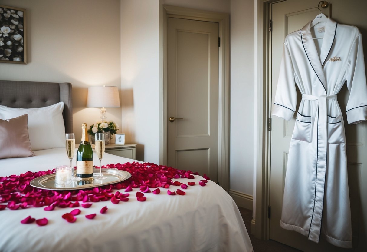 A bridal suite with rose petals on the bed, champagne on ice, and a luxurious robe hanging on the door