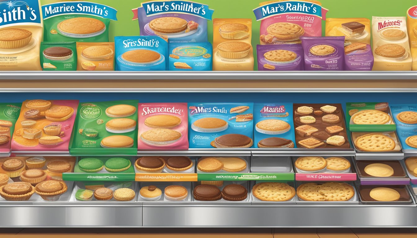 A colorful array of Mrs. Smith's and Marie Callender's frozen pies and desserts displayed on a supermarket shelf