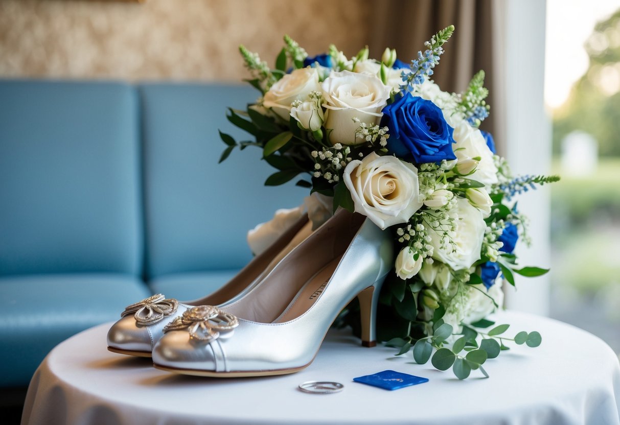 A bride's bouquet, a silver sixpence in her shoe, a borrowed item, and something blue for luck