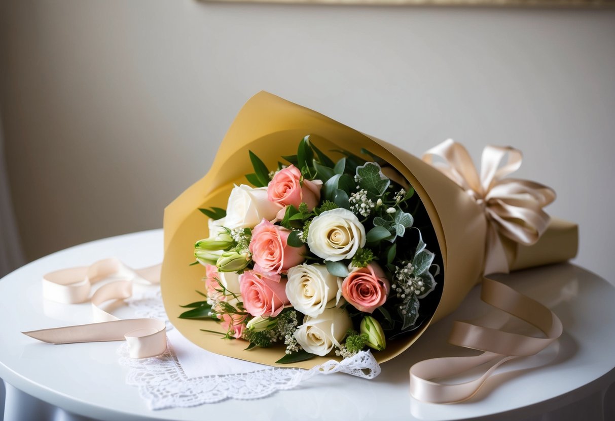 A beautifully wrapped bouquet of flowers sitting on a table, surrounded by elegant ribbons and a delicate lace handkerchief