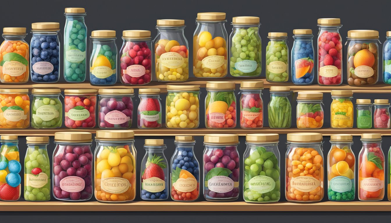 A table with rows of colorful fruit jars, labeled "Motts" and "Musselmans," showcasing various flavors and product varieties