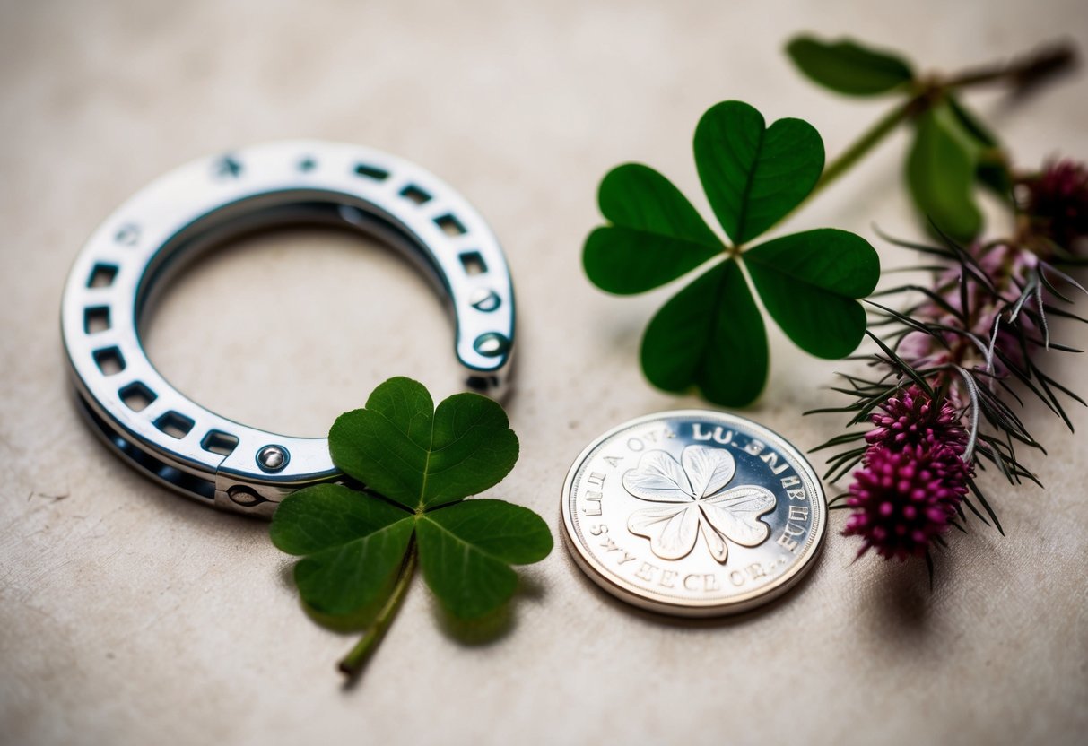 A bride's four lucky charms: a horseshoe, a four-leaf clover, a silver sixpence, and a sprig of heather