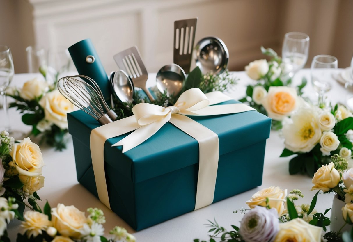 A beautifully wrapped gift box with a ribbon and bow, filled with elegant kitchenware and cooking utensils, surrounded by flowers and wedding decorations