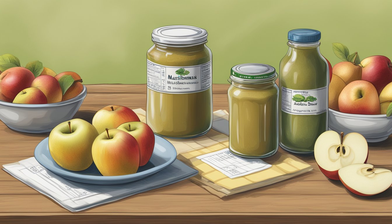 A table with two bottles of apple sauce, one labeled "Motts" and the other "Musselmans," surrounded by various fruits and nutritional information