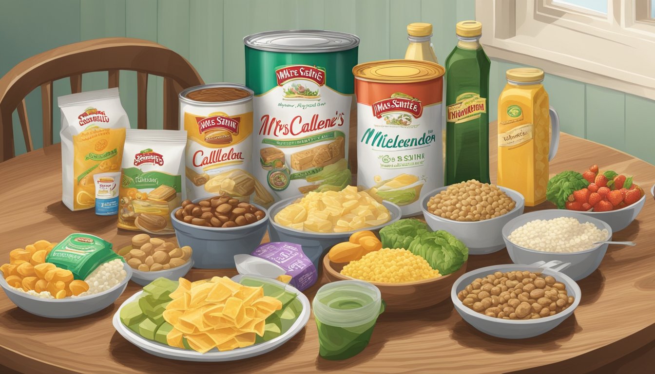 A table with two sets of packaged food, one labeled "Mrs. Smith's" and the other "Marie Callender's," surrounded by various ingredients and utensils