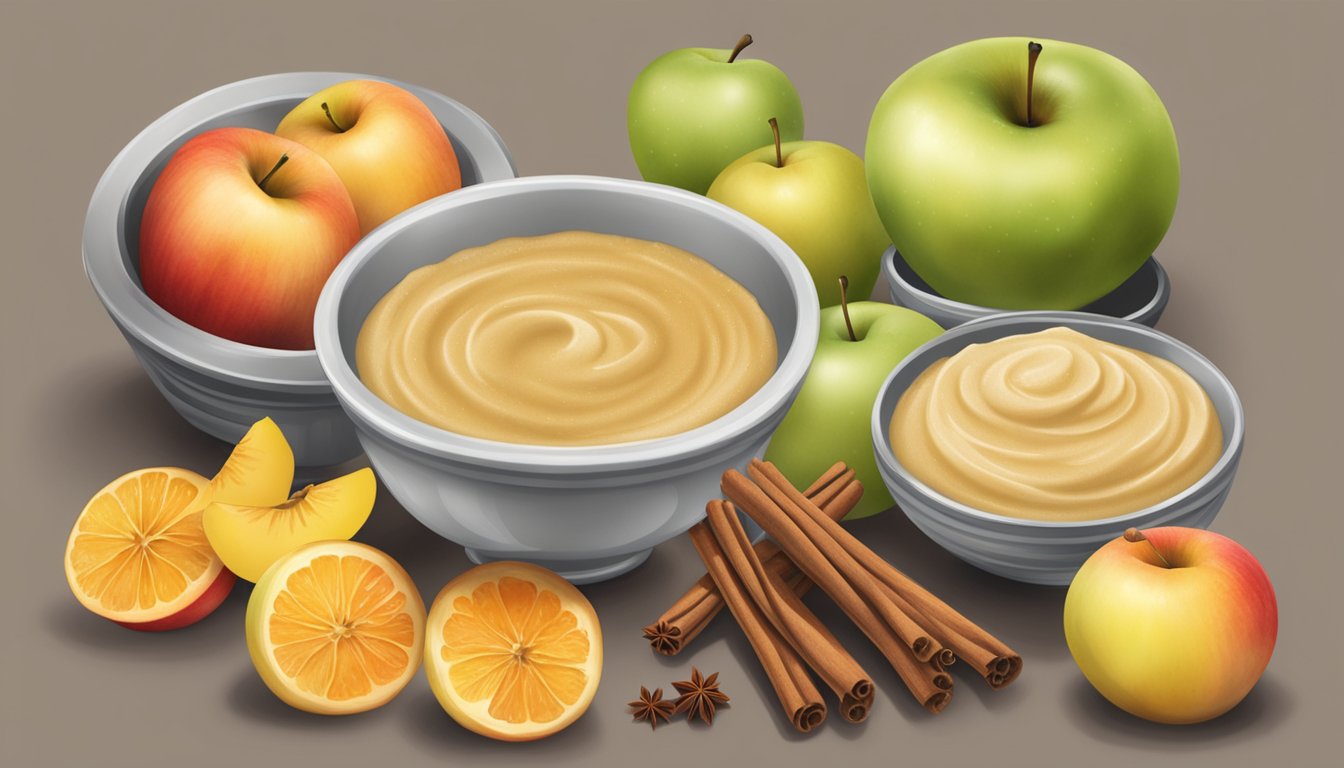 A table with two bowls of applesauce, one from Motts and one from Musselmans, surrounded by various fruits and spices