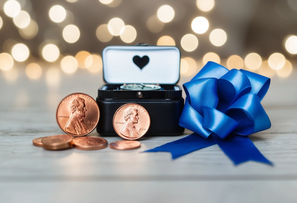 A bride's essential wedding day kit includes: a lucky penny, something old, something new, and a blue ribbon for luck