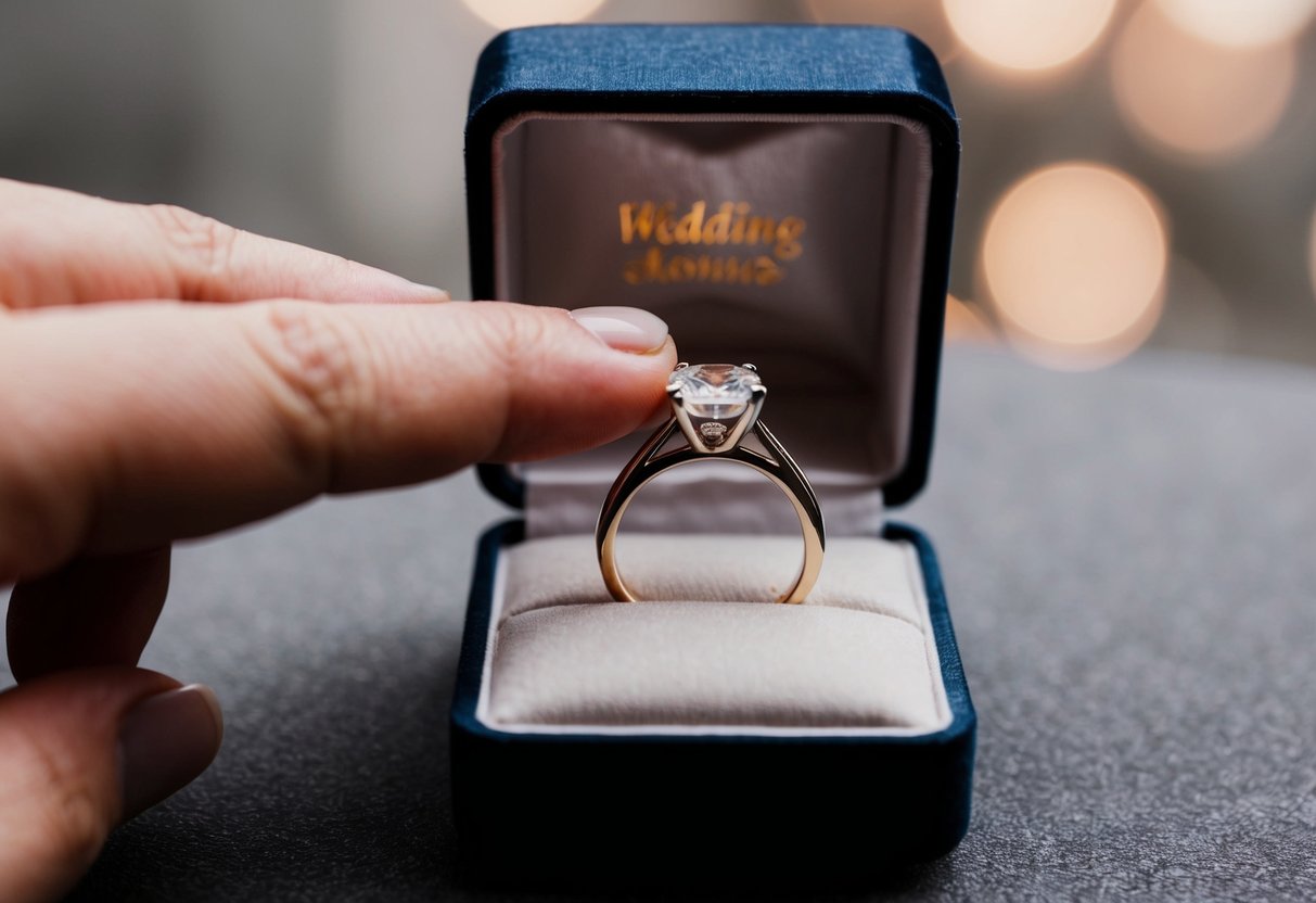 A wedding ring being placed on a cushion or in a box