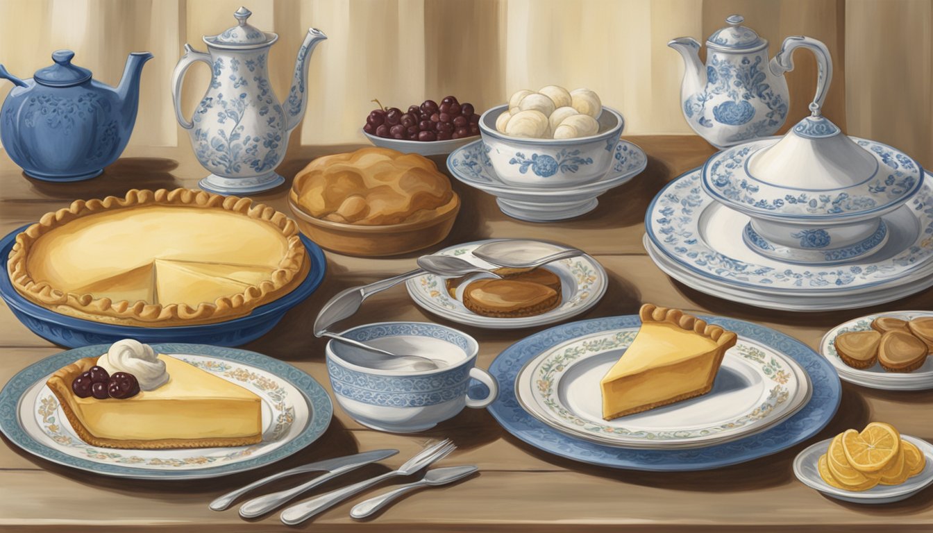 A table with two pies on display, one from Mrs. Smith's and one from Marie Callender's, surrounded by decorative plates and utensils