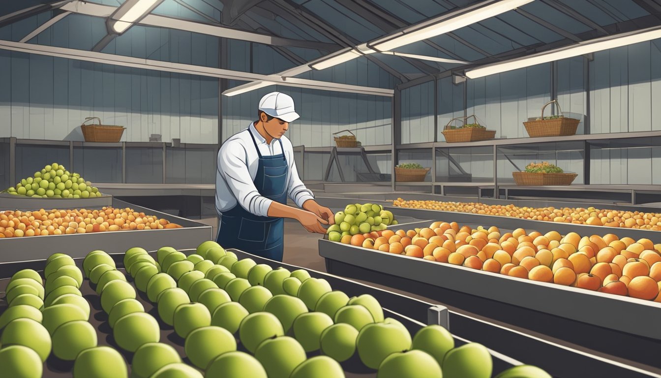 A farmer carefully selects ripe apples from an orchard, while a worker inspects and sorts them for quality at a processing facility