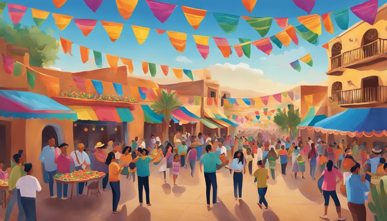 A vibrant fiesta in Old El Paso, with colorful decorations, traditional music, and people of all ages coming together to celebrate their community and culture