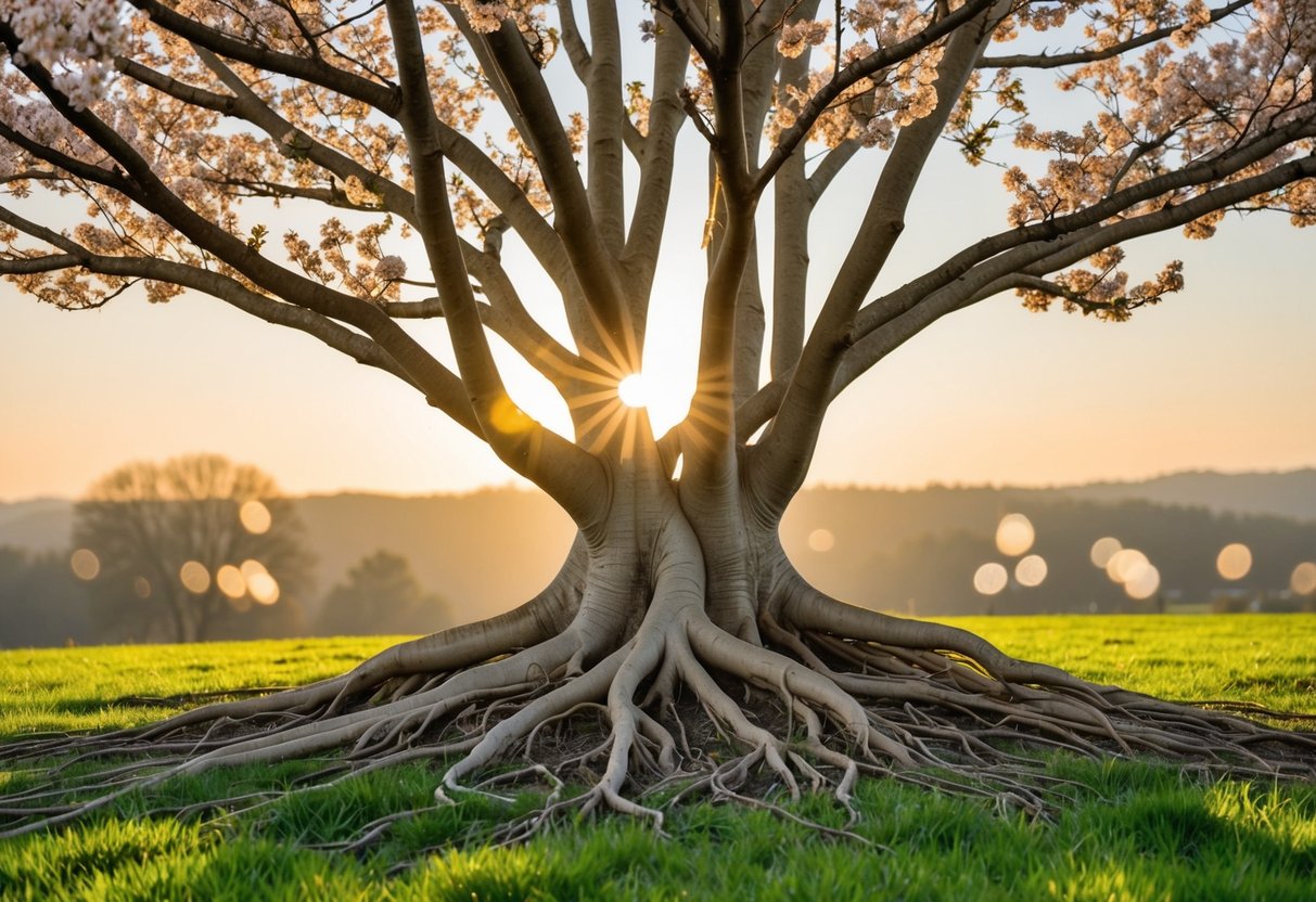 A blooming tree with intertwined roots and branches, symbolizing the strong foundation of marriage