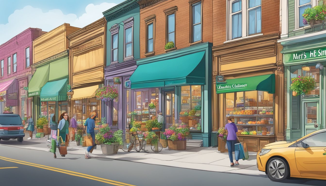 A busy street with Mrs. Smith's and Marie Callender's storefronts side by side, each with colorful signage and accessible entrances