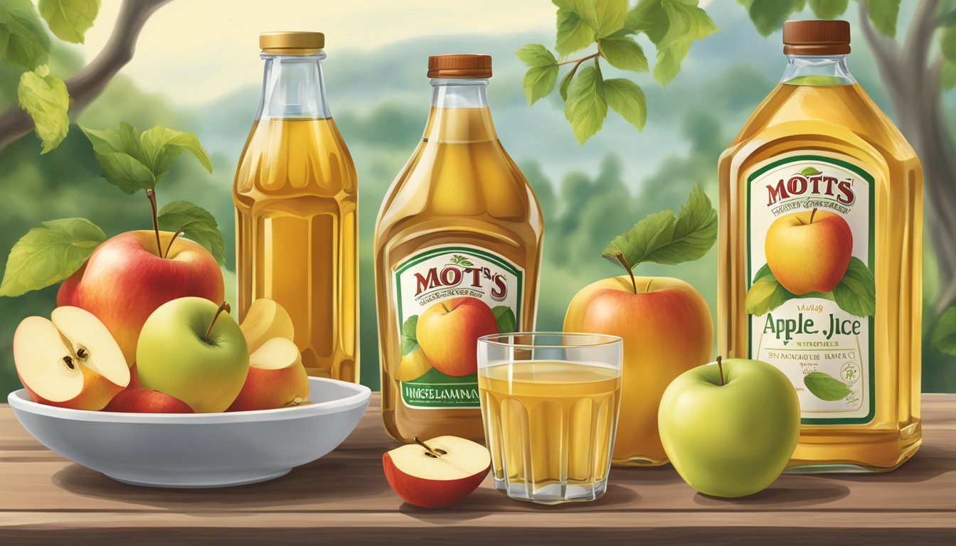 A table with two bottles of apple juice, one from Motts and one from Musselmans, surrounded by various serving options such as glasses, pitchers, and fruit garnishes