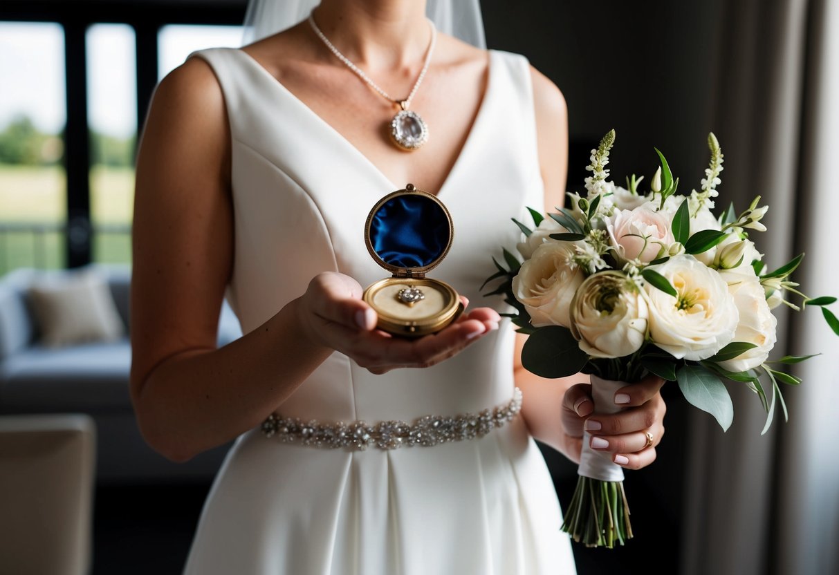 A bride holds a vintage locket (old) and a modern bouquet (new) while getting ready for her wedding