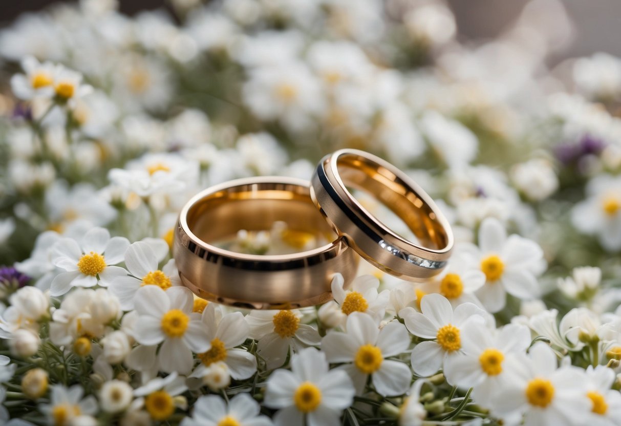 A pair of interlocking wedding rings resting on a bed of delicate flowers, symbolizing the unbreakable bond of marriage