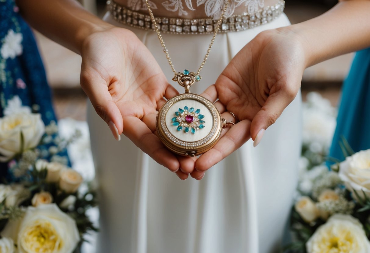 A bride holds a vintage locket while wearing a modern gown, surrounded by wedding decor and entities from different cultures