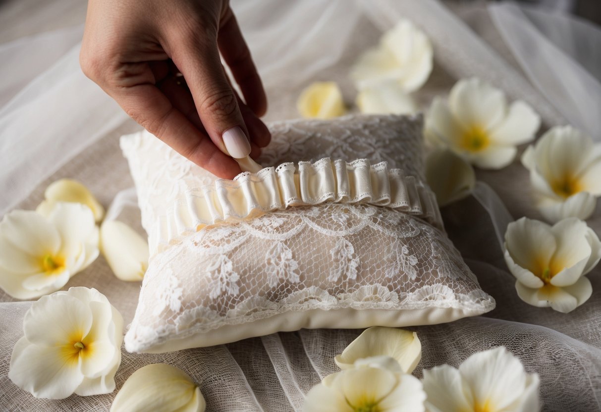A bride's garter being delicately placed on a lace pillow, surrounded by soft petals and elegant fabric