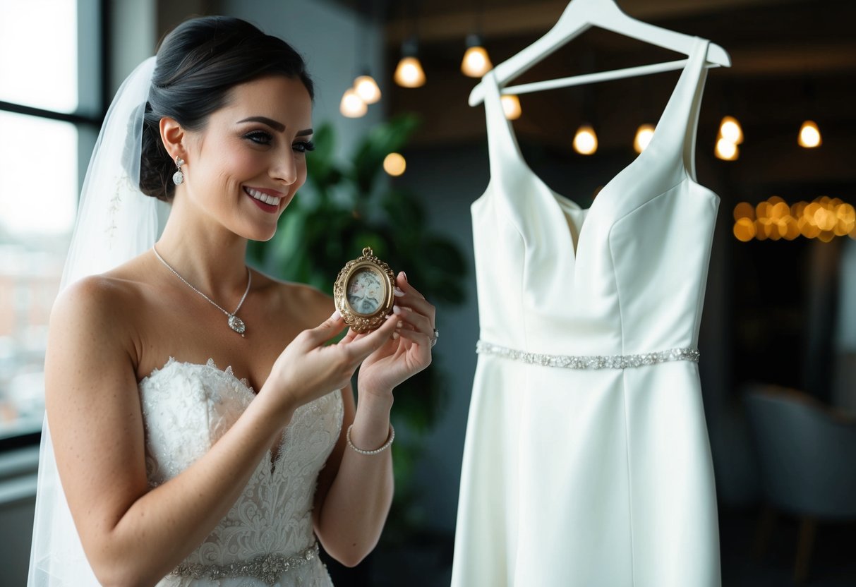 A bride holding a vintage locket while standing next to a sleek, modern wedding dress on a hanger