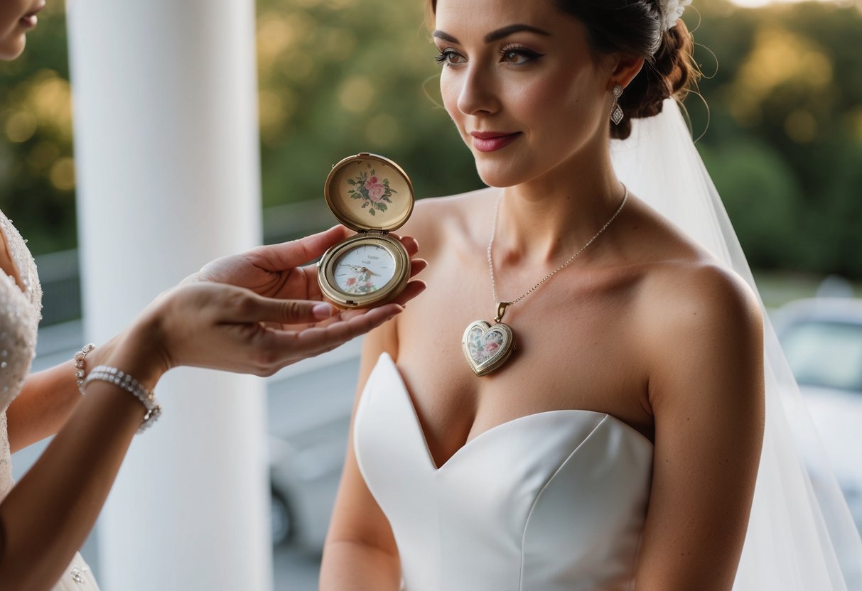 A bride holds a vintage locket while admiring her modern wedding gown