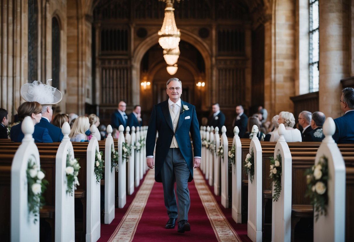 A figure in formal attire leads the way down the ornate aisle in a historic UK venue