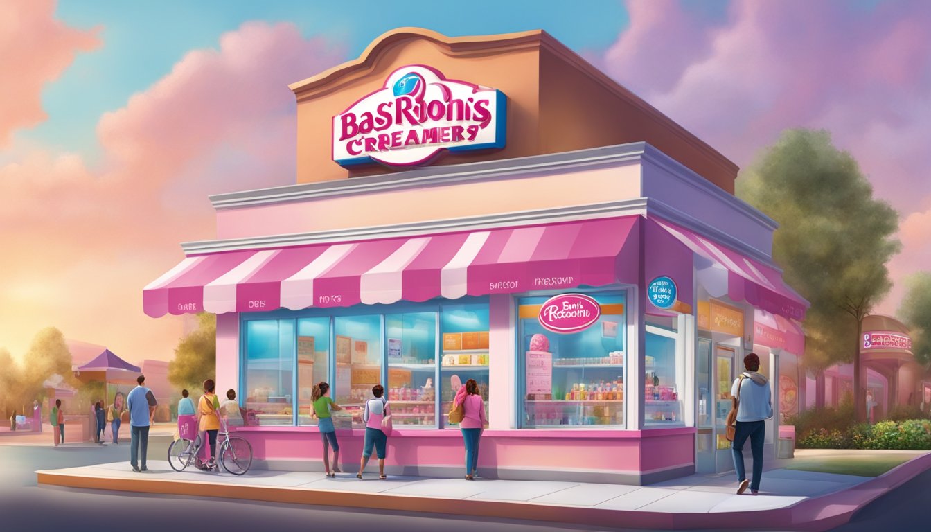 A colorful ice cream shop with a line out the door at Baskin Robbins, while Cold Stone Creamery has a vibrant storefront with customers enjoying their treats