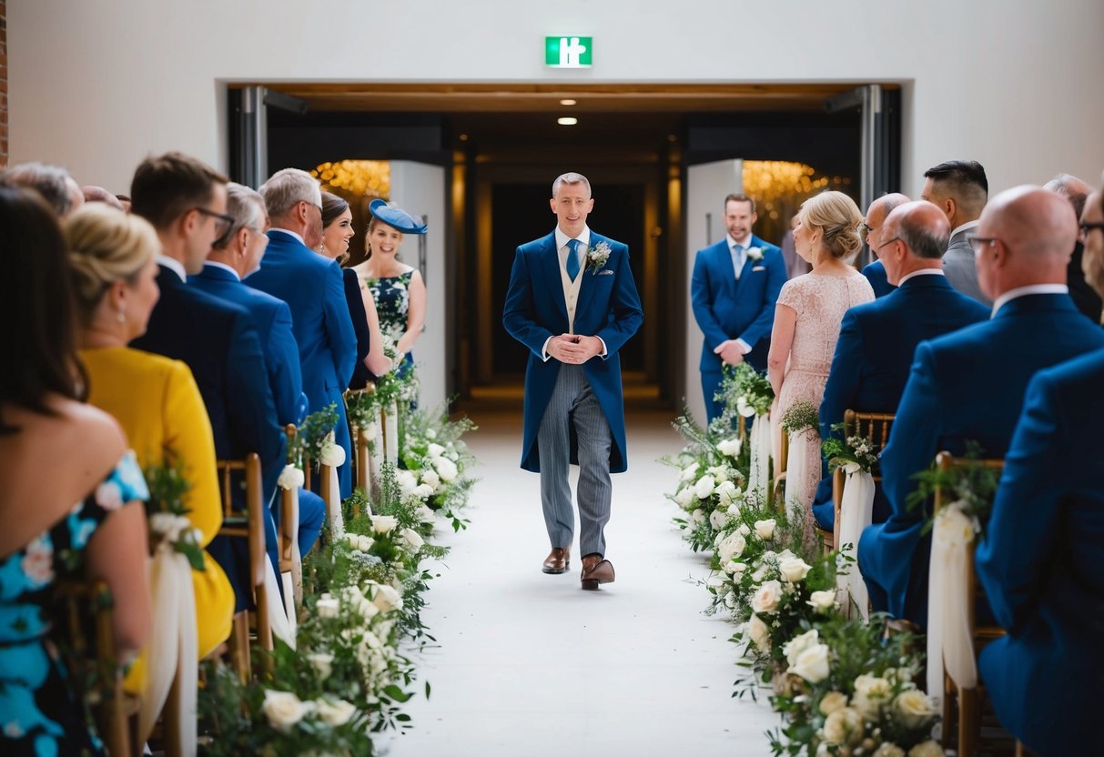 A figure leads the procession down the aisle, followed by others in a modern, non-traditional ceremony in the UK