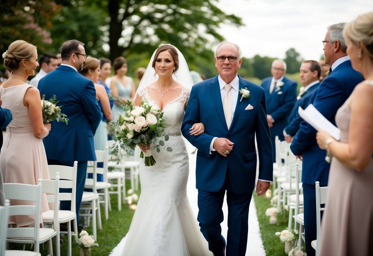 The bride's father walks down the aisle first, accompanied by soft music and a serene ambiance