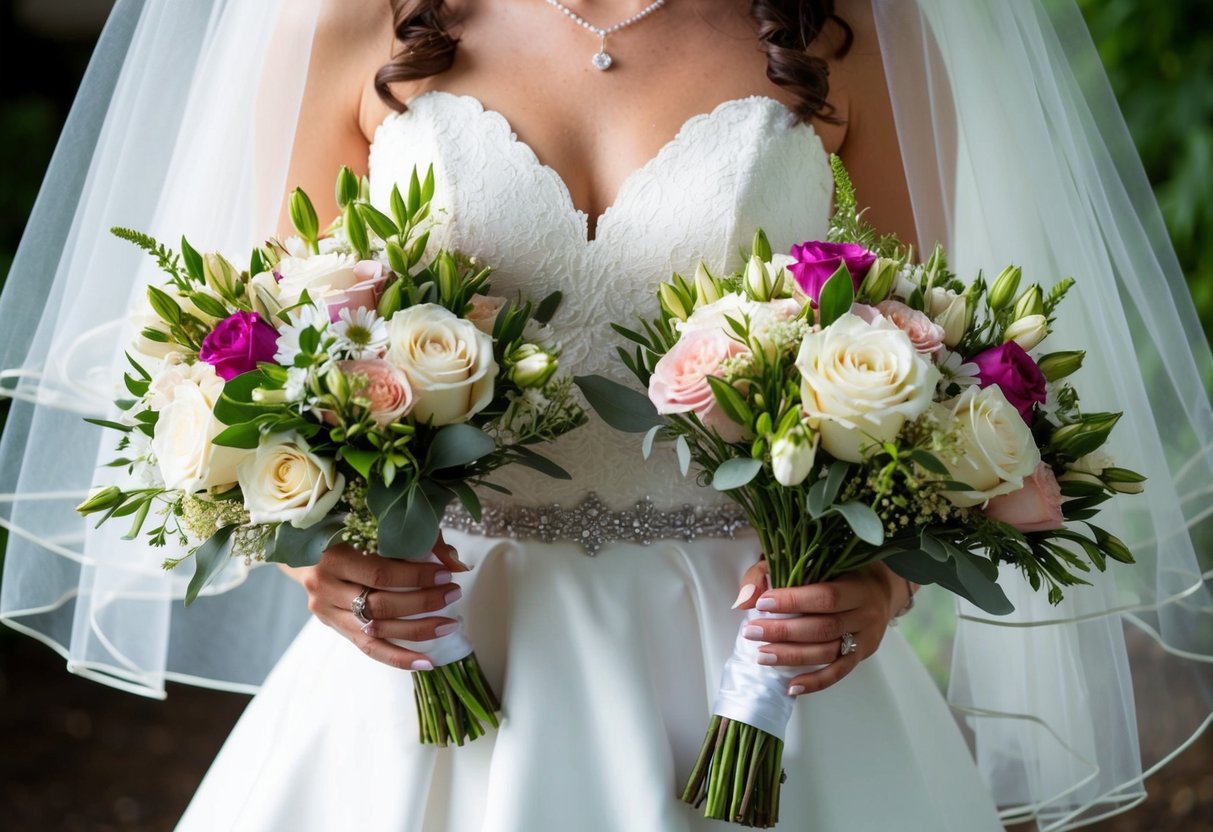 A bride should have a bouquet of flowers, a veil, a wedding ring, and a white dress
