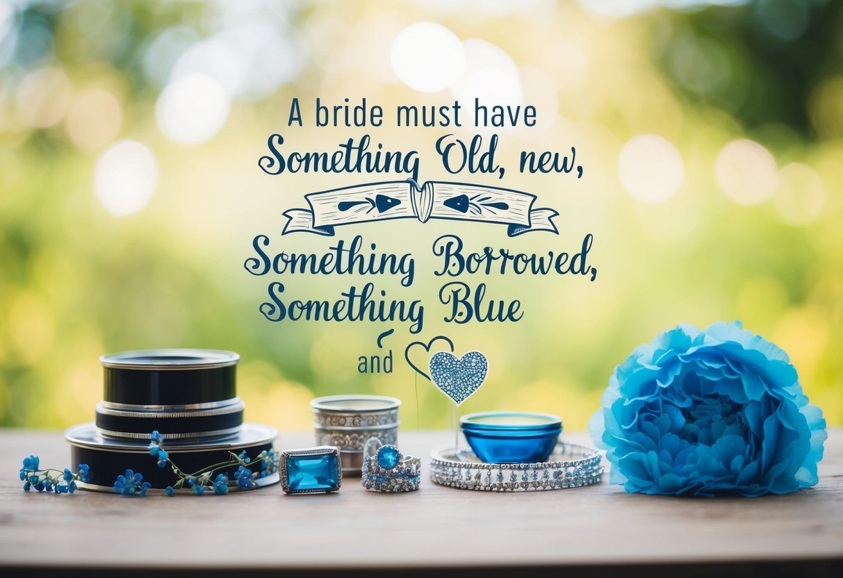 A bride must have something old, something new, something borrowed, and something blue. An illustration could show these items arranged in a decorative manner