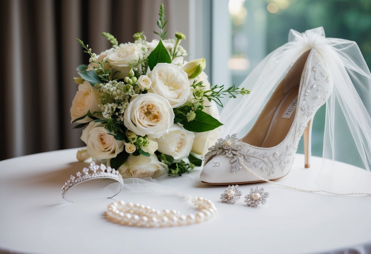 A bride's essentials: a delicate veil, a bouquet of flowers, a sparkling tiara, and elegant pearl earrings