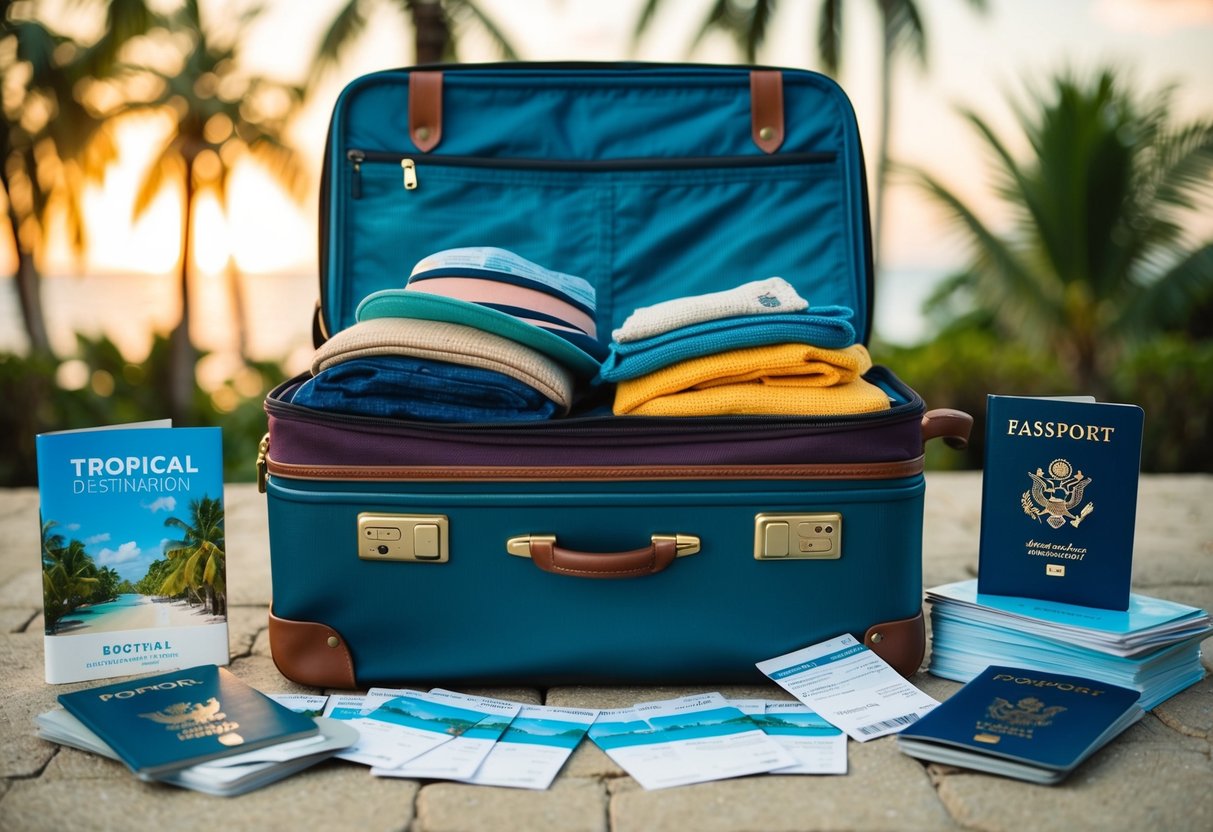 A couple's suitcase overflowing with travel essentials, surrounded by tropical destination brochures and a stack of passport and flight tickets