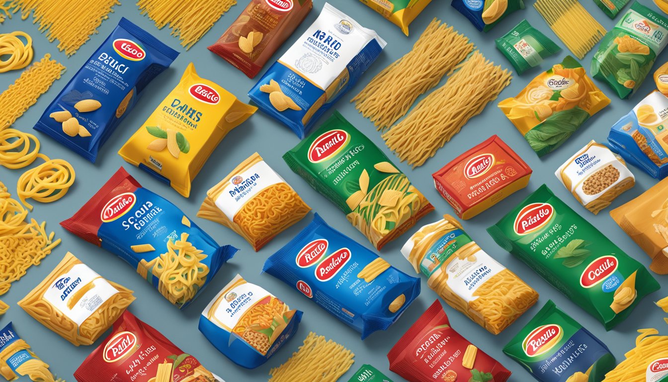 A table displays a variety of pasta products from Barilla and De Cecco, arranged in neat rows with colorful packaging