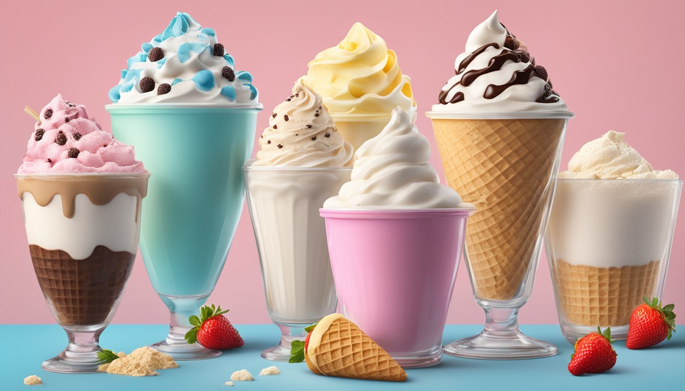 A colorful display of ice cream cones, sundaes, and milkshakes surrounded by nutritional labels and ingredient information