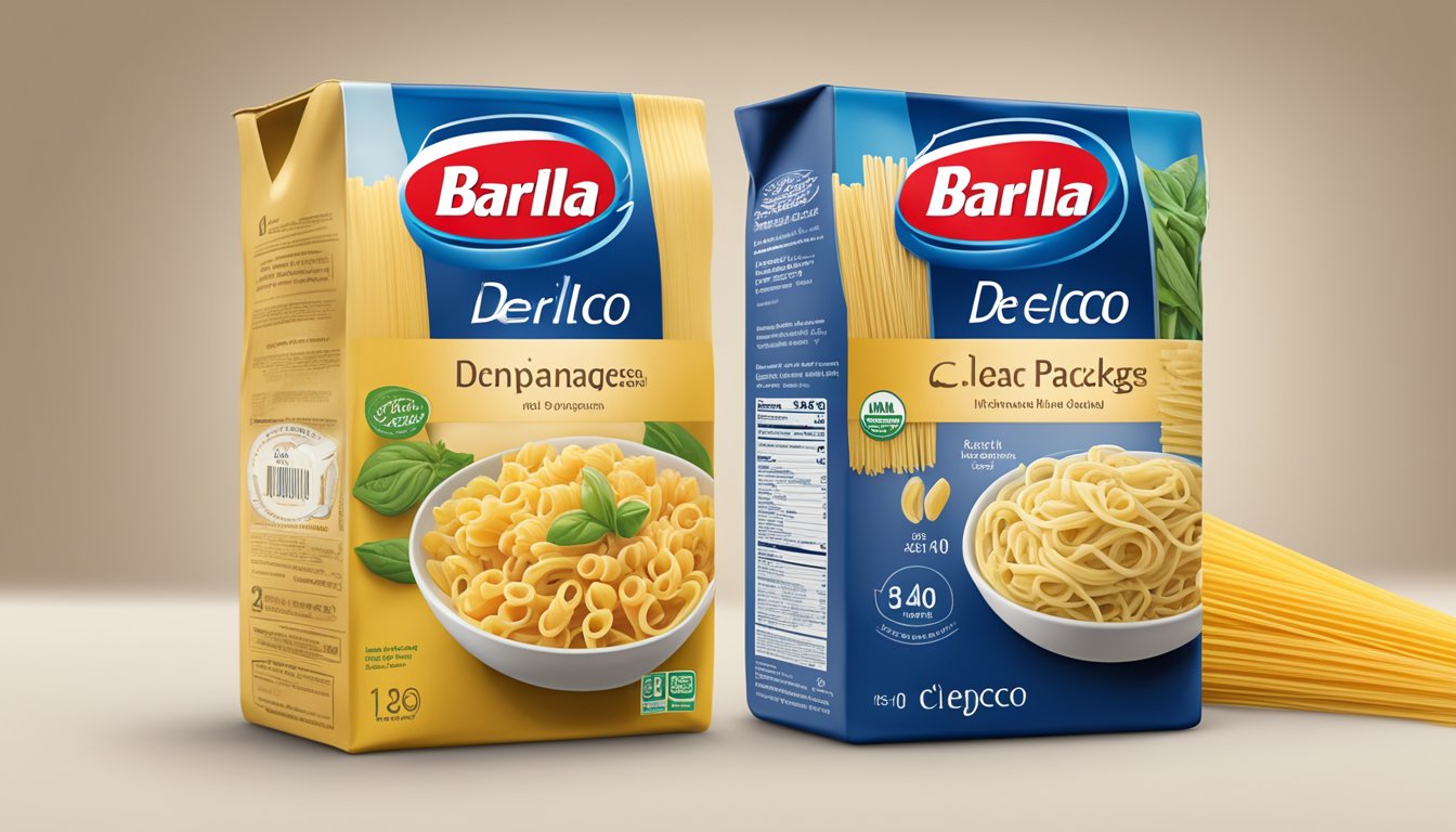 A side-by-side comparison of Barilla and De Cecco pasta packages with clear nutritional information displayed