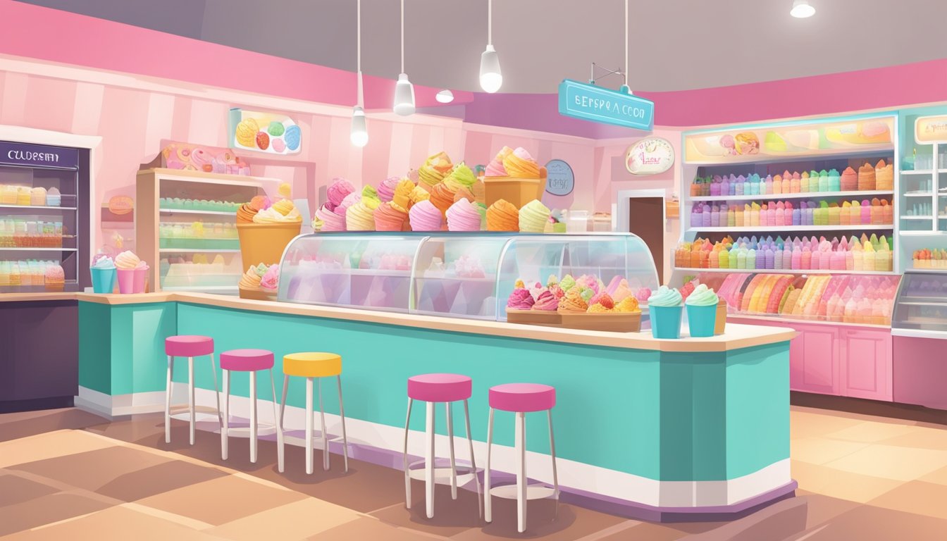 A bustling ice cream shop with colorful displays and a line of customers, each brand's logo prominently displayed. Bright lighting and a cheerful atmosphere