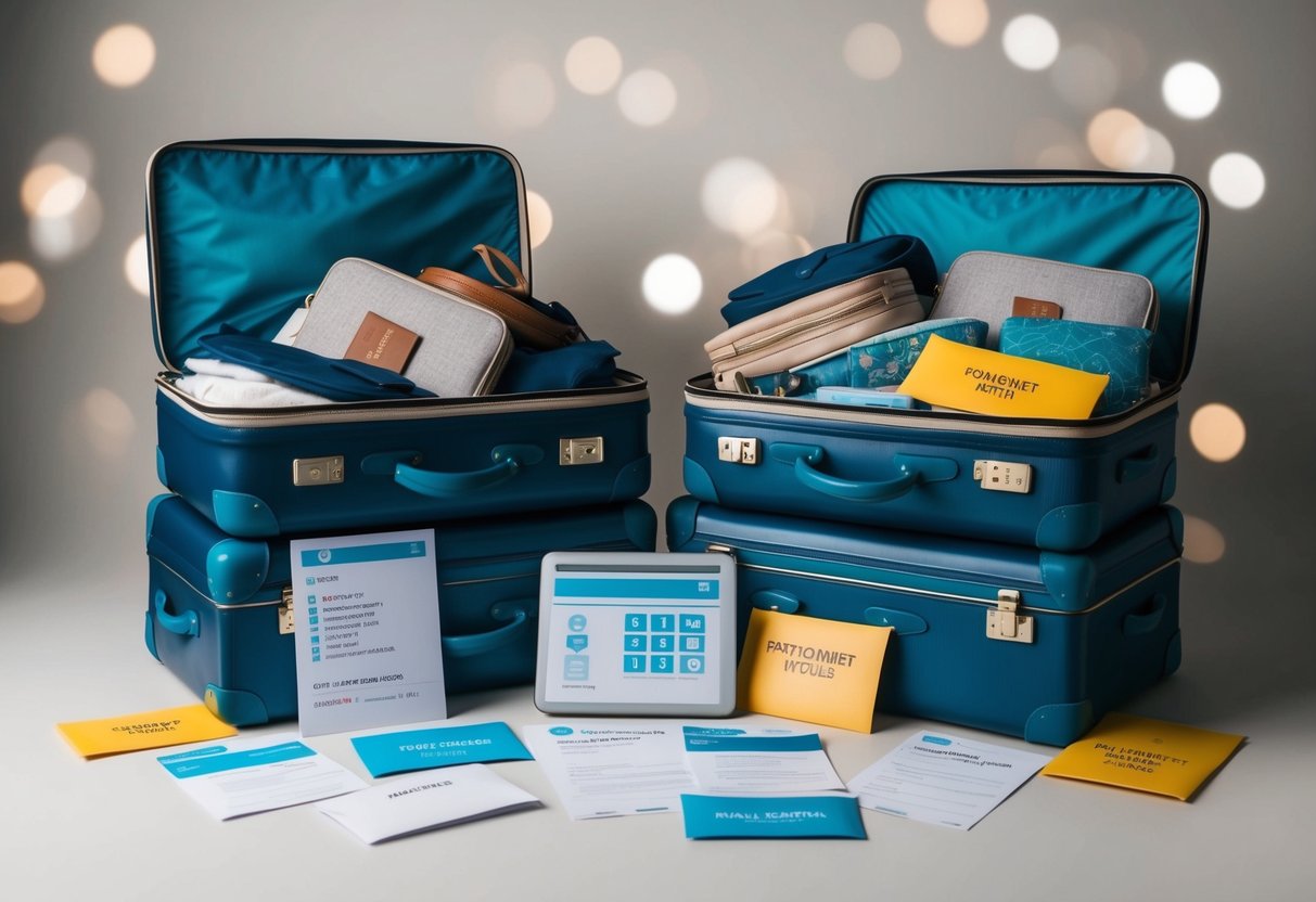 A newlywed couple's suitcases overflowing with travel items, surrounded by envelopes and online payment notifications