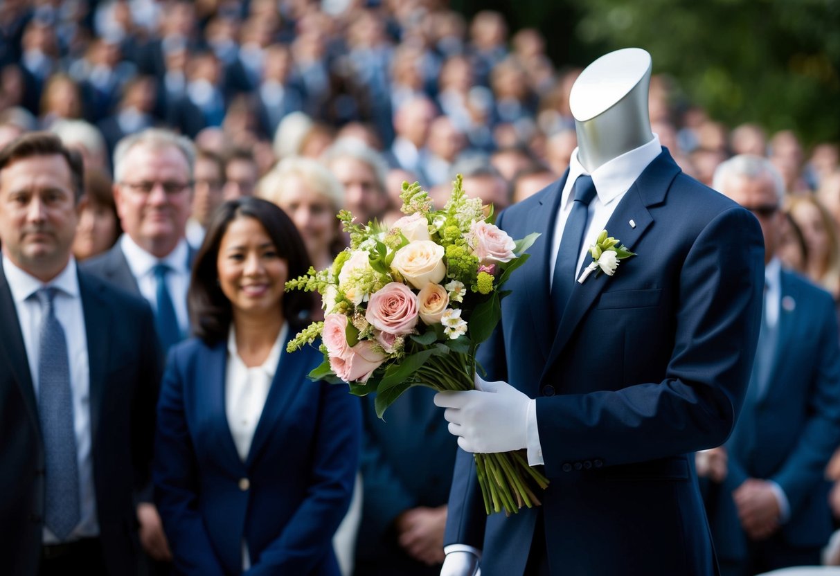 A bouquet of flowers held by a figure in formal attire, standing at the front of a crowd