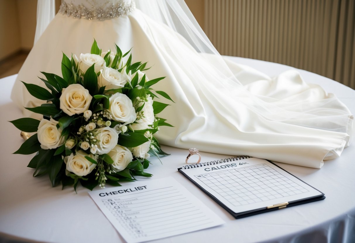A bride's gown, veil, bouquet, and wedding ring displayed on a table with a checklist and calendar
