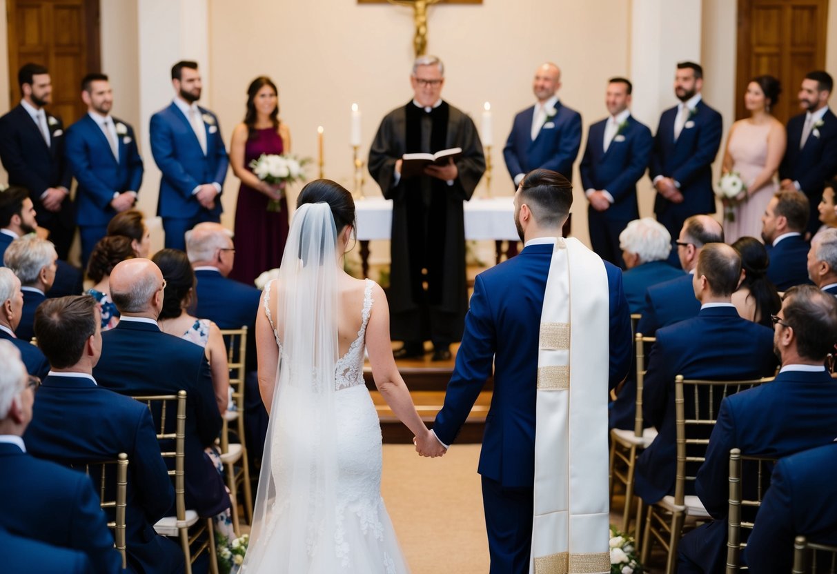 A bride and groom stand at the altar, facing each other with guests seated in rows behind them. The officiant stands between the couple, ready to begin the ceremony
