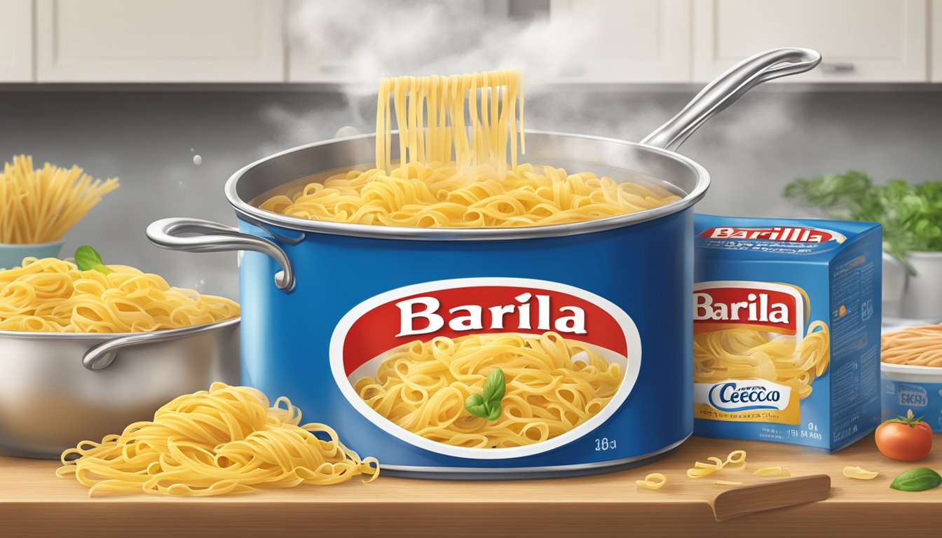 A pot of boiling water with pasta inside, steam rising. Two boxes of Barilla and De Cecco pasta next to each other