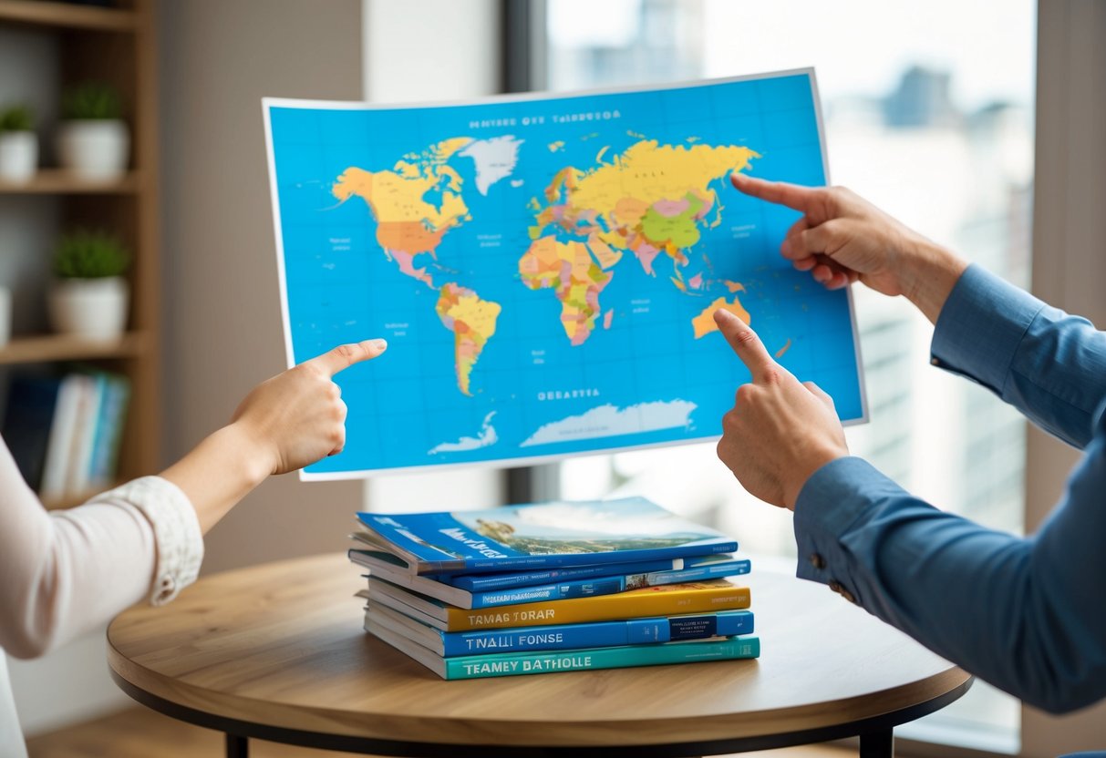 A couple's hands holding a world map, pointing to different destinations. A stack of travel guides and brochures on a table