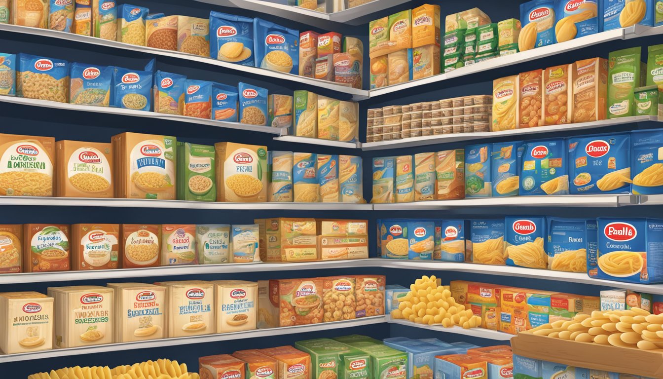 A crowded grocery store shelf with Barilla and De Cecco pasta boxes prominently displayed