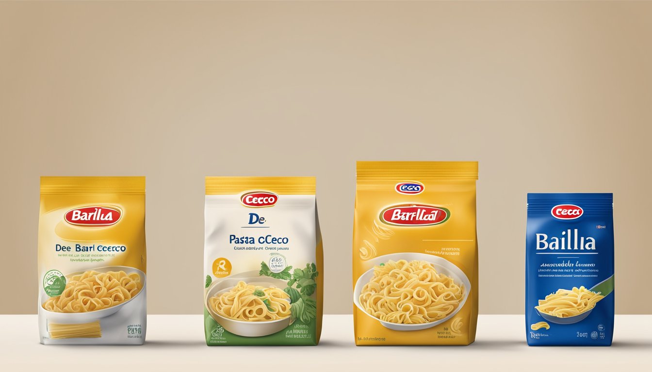 A comparison of Barilla and De Cecco pasta packaging, with easy-to-open designs and clear labeling for accessibility