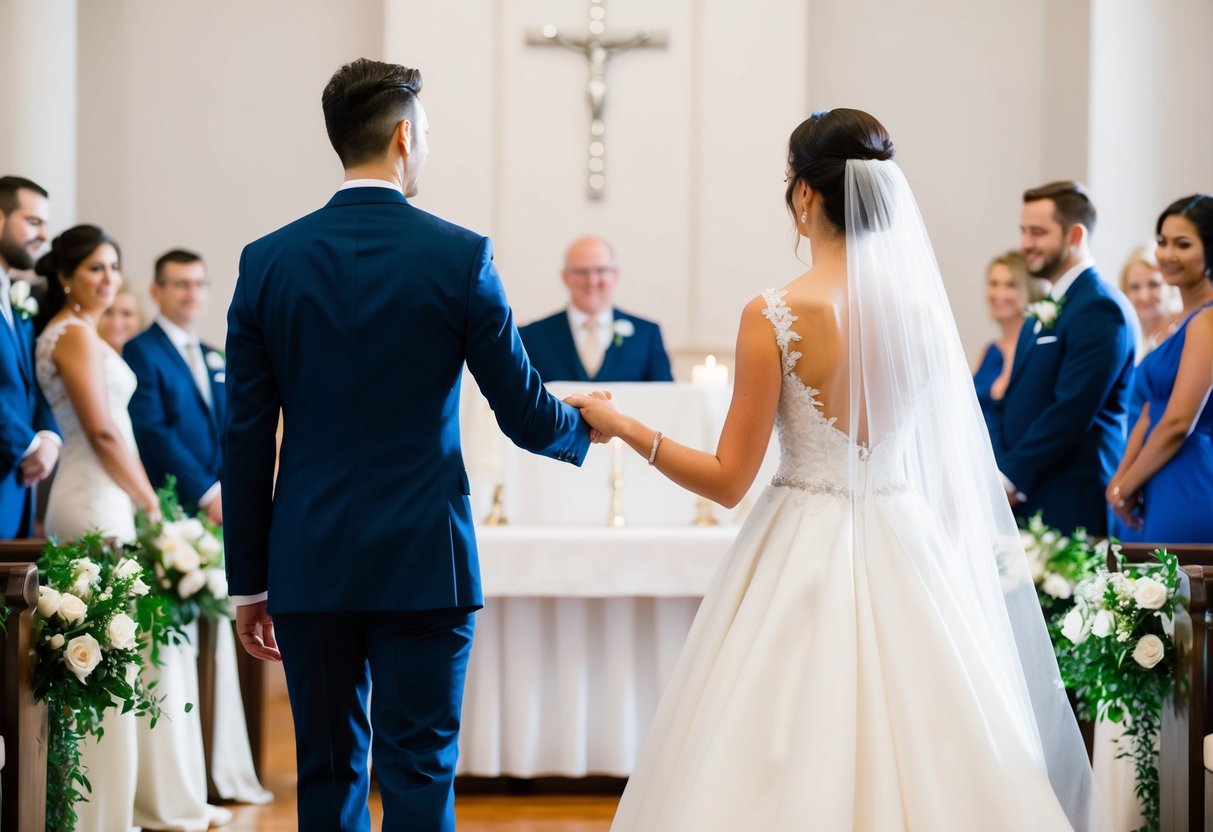 A bride and groom stand at the altar, facing each other. The groom takes the bride's hand and leads her in a graceful gesture