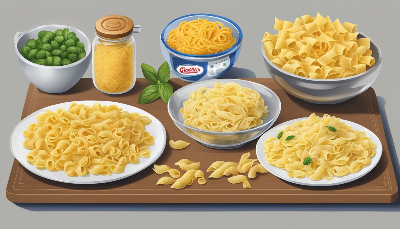 A table with two plates of pasta, one labeled "Barilla" and the other "De Cecco," surrounded by various ingredients and a scale for comparison