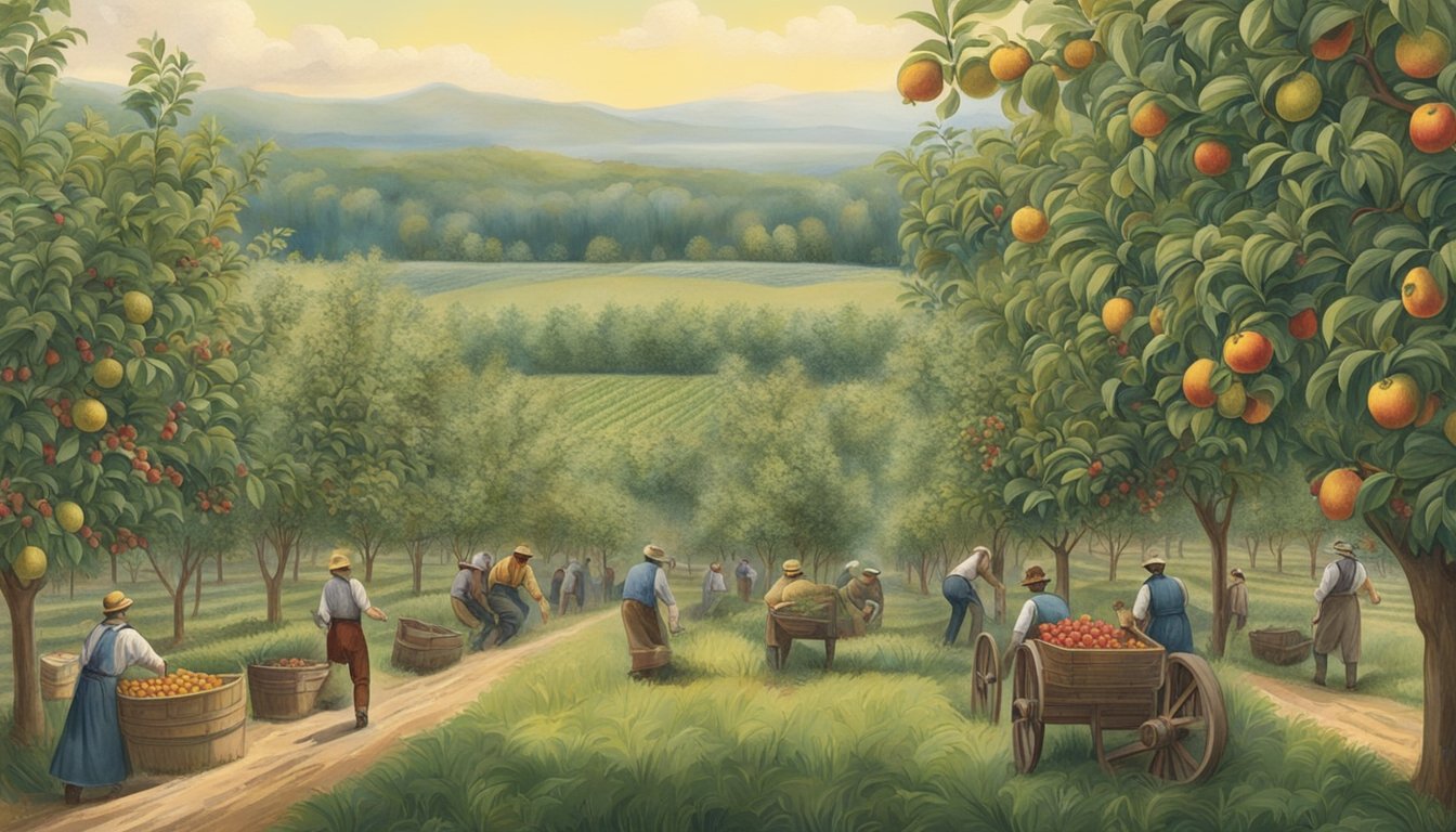 A bustling 19th-century fruit orchard with workers harvesting and processing berries for Smucker's and Welch's products