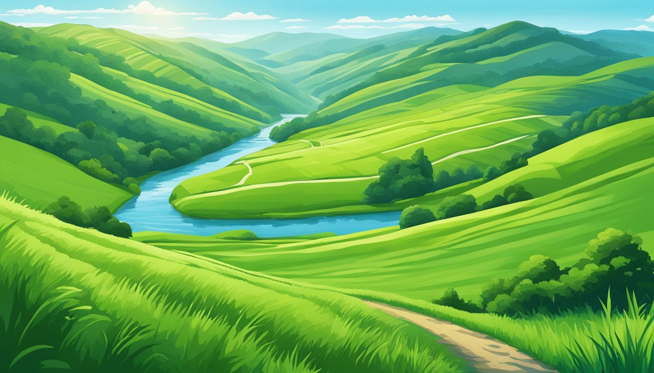 A lush green field with a clear stream running through it, surrounded by rolling hills and a bright blue sky overhead