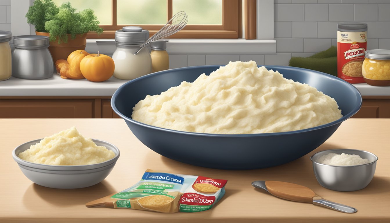 A kitchen counter with packages of Idahoan and Betty Crocker instant mashed potatoes, surrounded by measuring spoons and a mixing bowl