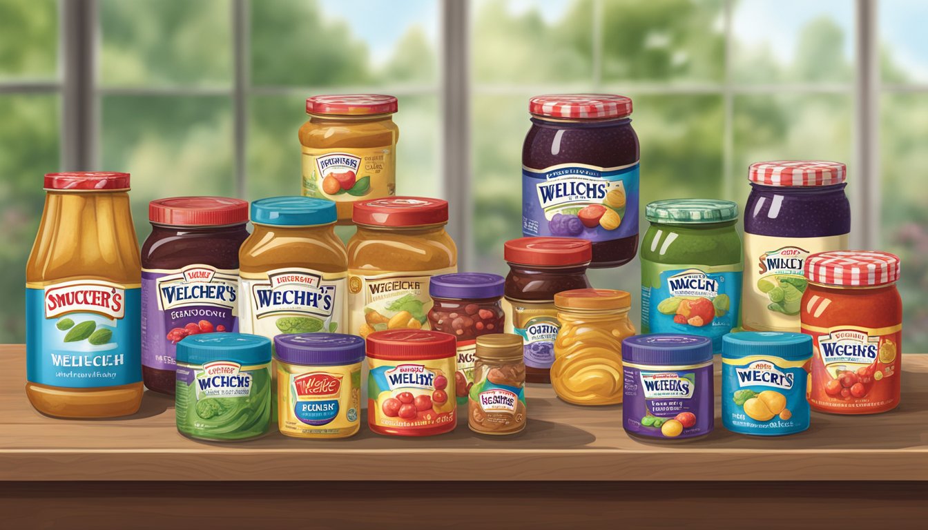 A table with jars of Smucker's and Welch's products arranged for comparison